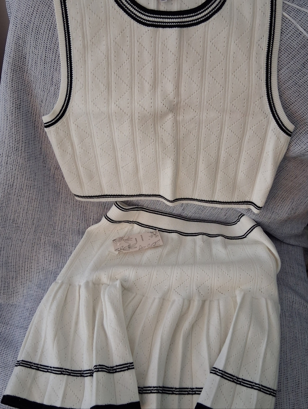 White Knit Crop Top and Skirt Set with Black Trim